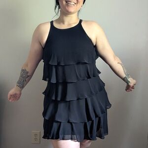 SL Fashions Black Tiered Ruffle High Neck Chiffon Dress Size 10